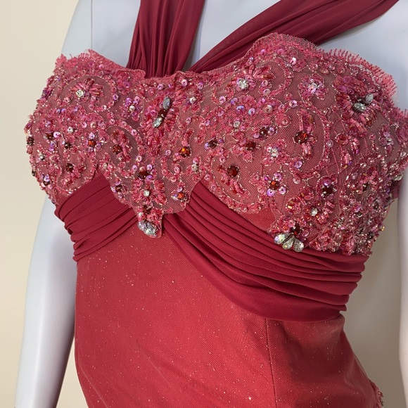 Cameron Blake Wine Formal Tea Length Beaded Dress - Picture 4 of 8